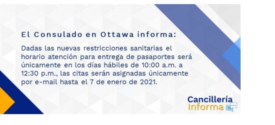 Nuevos horarios de temporada del Consulado de Colombia en Ottawa por restricciones sanitarias