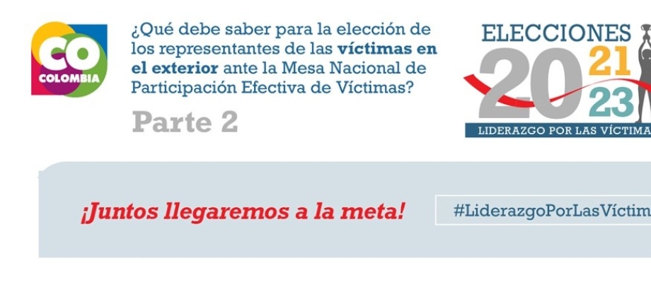 Si usted es sobreviviente del conflicto y se encuentra en el exterior, lo invitamos a informarse sobre la elección de representantes de víctimas en el exterior ante la Mesa Nacional de Participación de Víctimas